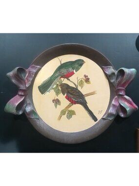 Hand Painted Folk Art Wooden Tray Birds Handled For Serving or Display Signed